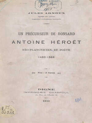 cover image of Un précurseur de Ronsard, Antoine Héroët, néo-platonicien et poète, 1492-1568
